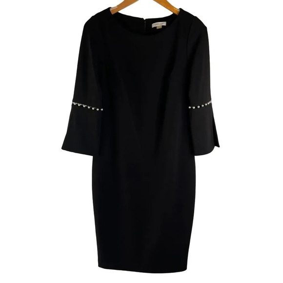 Calving Klein LBD Black Scoop Neck Pearl Sleeve Sheath Dress Classy Sz 4 - Picture 1 of 9